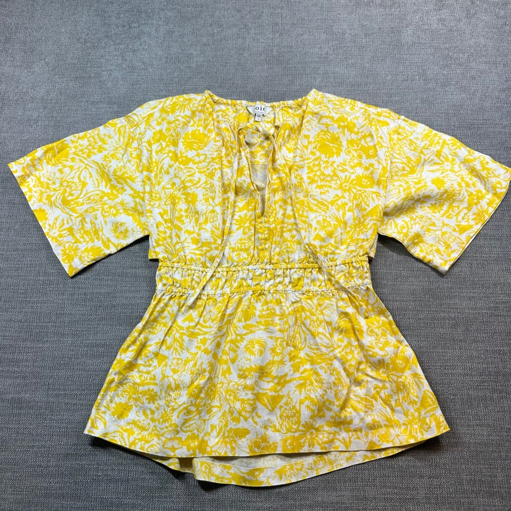 Joie Linen Blouse Womens Large Yellow White Floral Toile Boho Tie Neck Cutout L